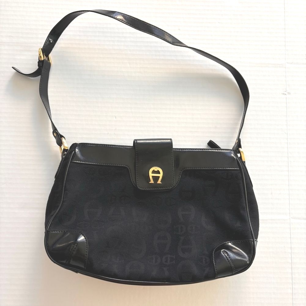 Etienne Aigner VINTAGE Black Jacquard Logo Shoulder Bag Gold Accent Purse